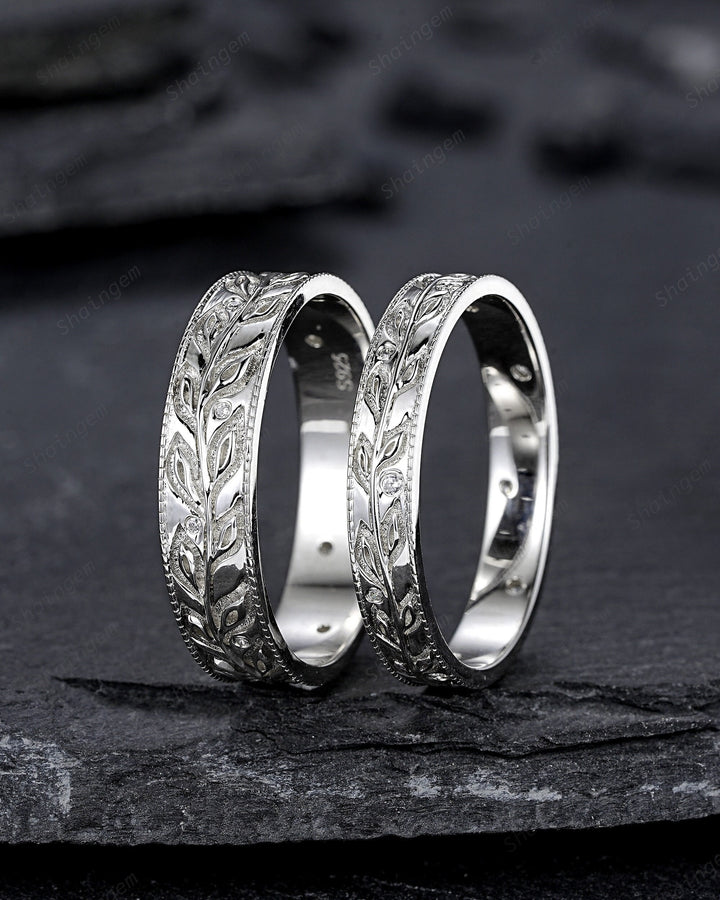Full Eternity Leaf His and Hers Couple Ring Set, White Gold Wedding Band, Platinum Engagement Band Promise Ring , Silver Men's Women's Band - ShainJewelry
