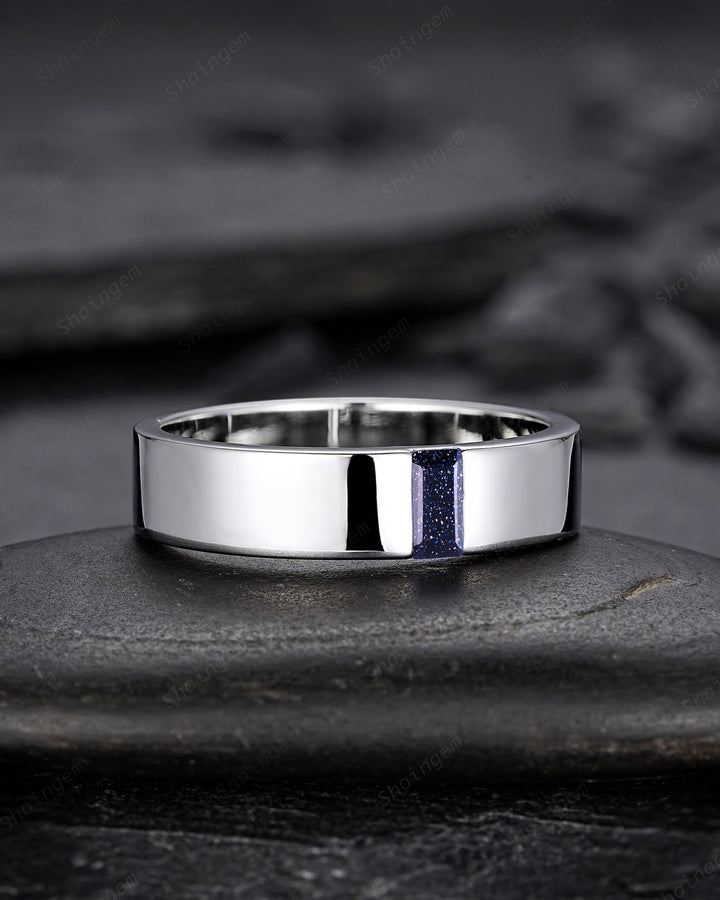 Baguette Blue Sandstone Men's Wedding Band, White Gold Plain Matching Band Vintage Silver Straight Band Anniversary Gift Unique Promise Ring - ShainJewelry