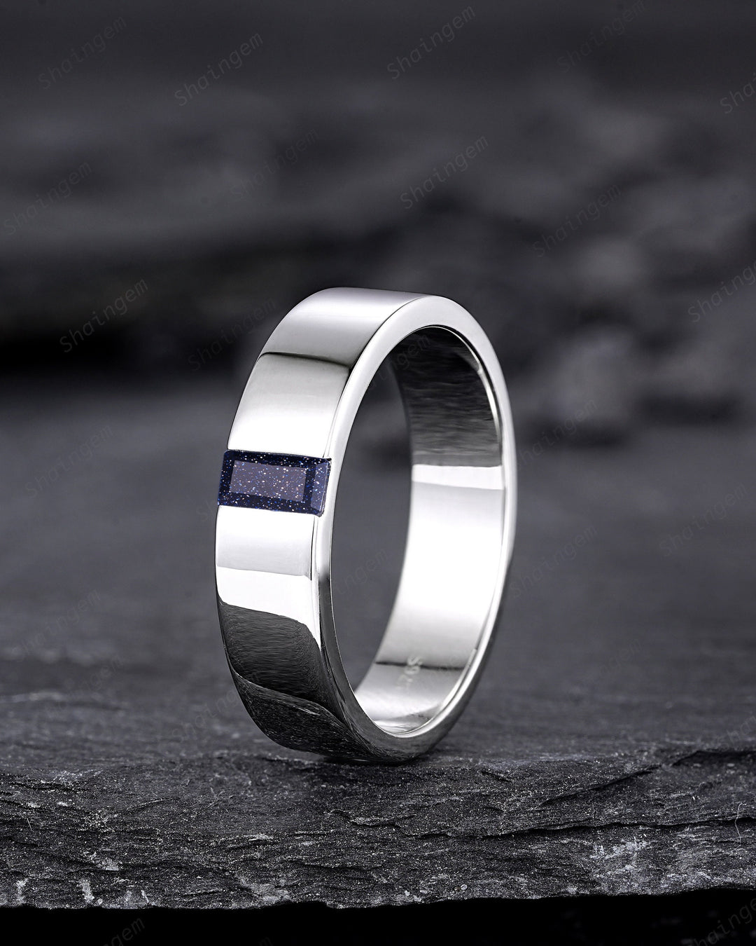Baguette Blue Sandstone Men's Wedding Band, White Gold Plain Matching Band Vintage Silver Straight Band Anniversary Gift Unique Promise Ring - ShainJewelry