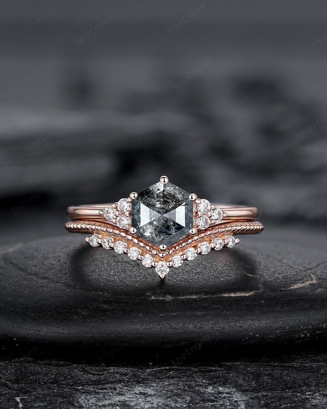 Unique Hexagon Salt and Pepper Diamond Engagement Ring, Vintage Black Diamond Wedding Ring, Milgrain Rose Gold Promise Ring, Art Deco Ring - ShainJewelry