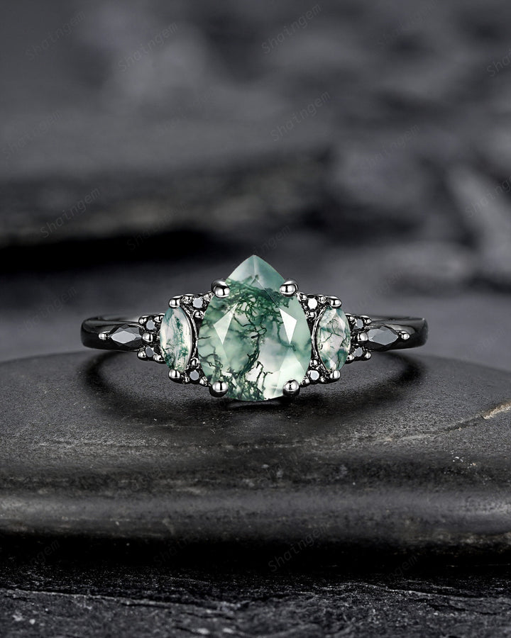 Gothic Black Pear Shape Moss Agate Engagement Ring Set, Black Rhodium Moss Agate Wedding Set, Black Promise Ring Gift Bridal Set for Women - ShainJewelry