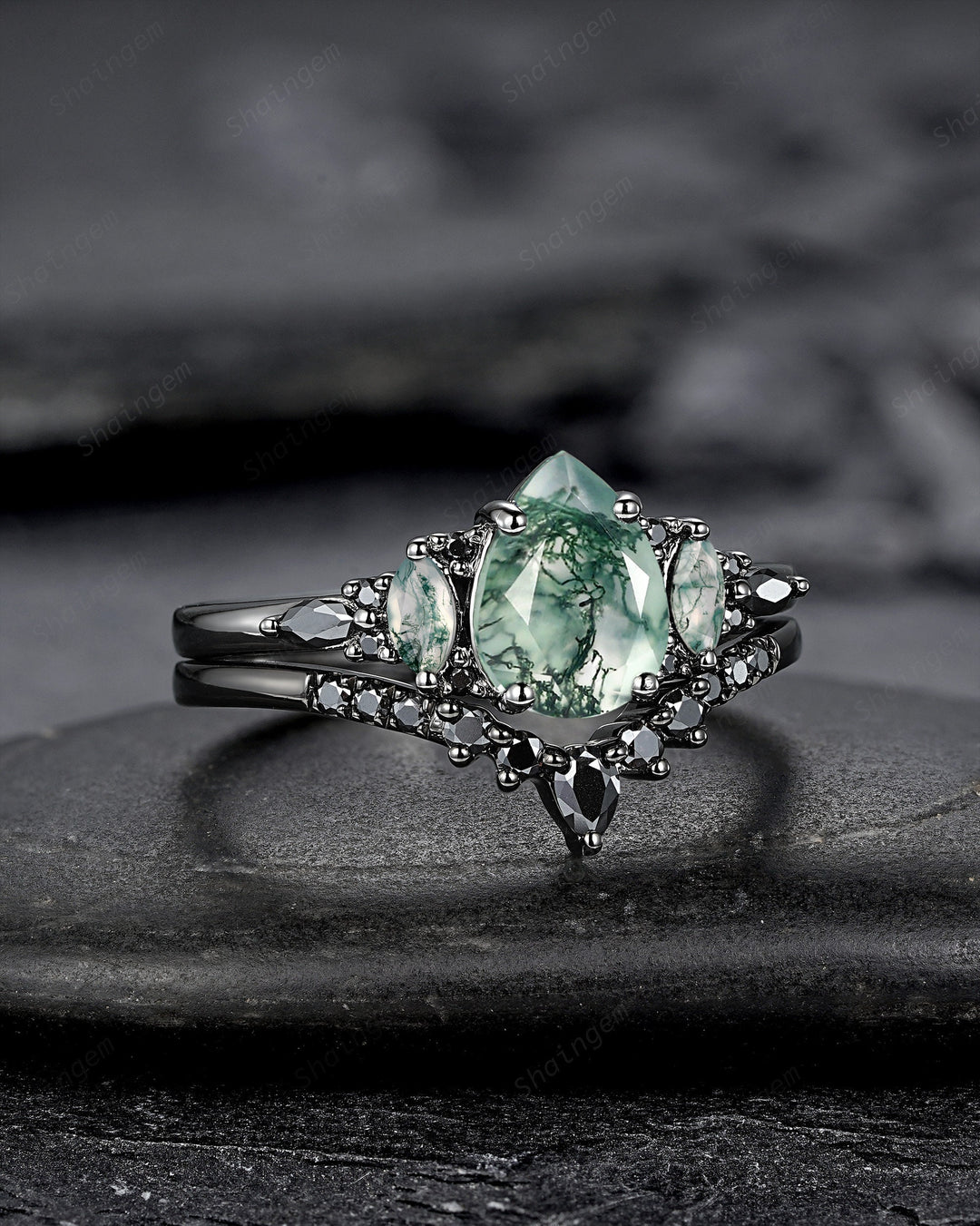 Gothic Black Pear Shape Moss Agate Engagement Ring Set, Black Rhodium Moss Agate Wedding Set, Black Promise Ring Gift Bridal Set for Women - ShainJewelry