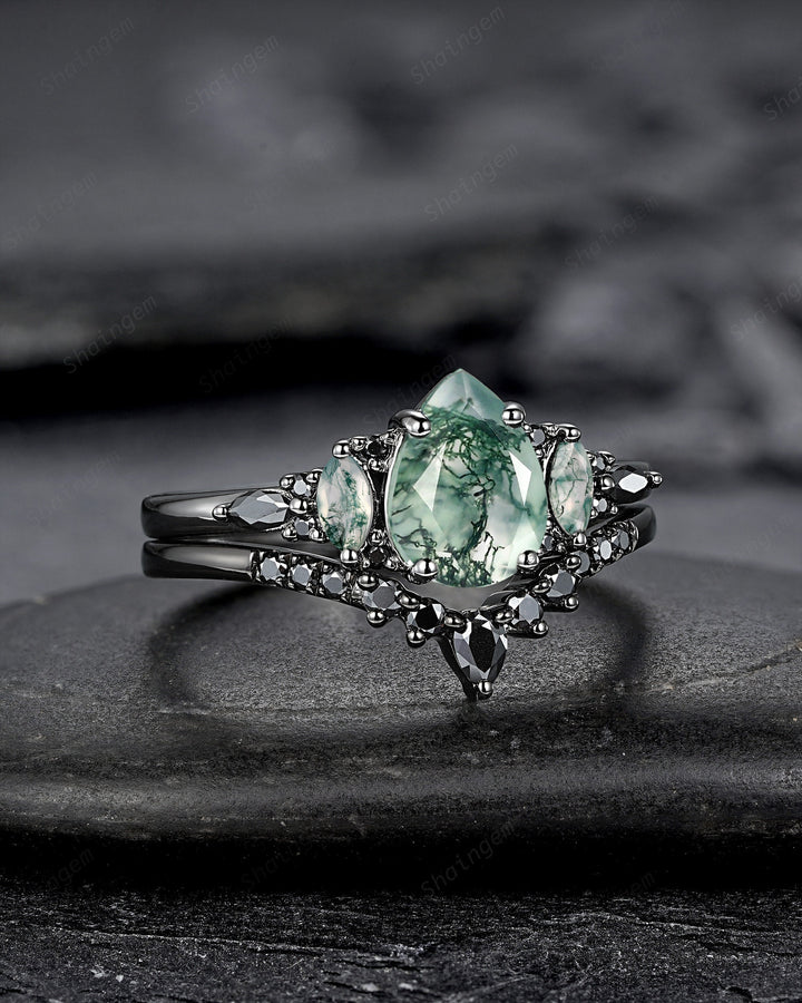 Gothic Black Pear Shape Moss Agate Engagement Ring Set, Black Rhodium Moss Agate Wedding Set, Black Promise Ring Gift Bridal Set for Women - ShainJewelry