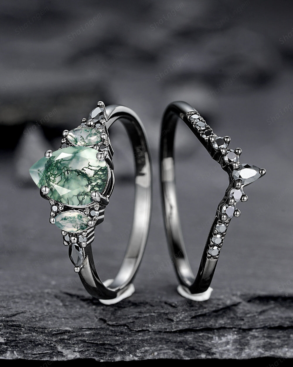 Gothic Black Pear Shape Moss Agate Engagement Ring Set, Black Rhodium Moss Agate Wedding Set, Black Promise Ring Gift Bridal Set for Women - ShainJewelry