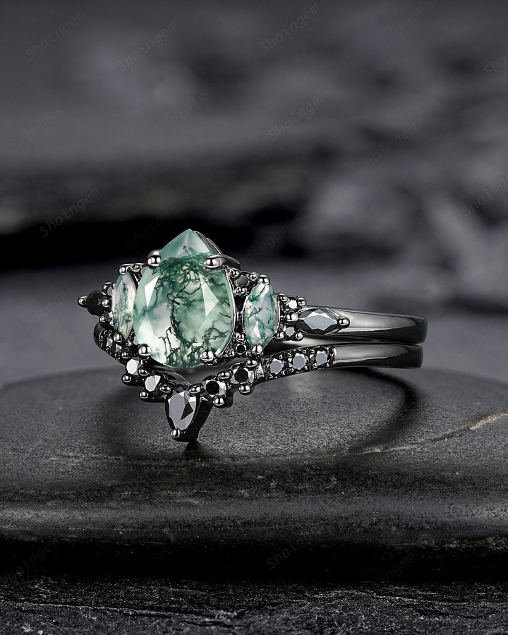 Gothic Black Pear Shape Moss Agate Engagement Ring Set, Black Rhodium Moss Agate Wedding Set, Black Promise Ring Gift Bridal Set for Women - ShainJewelry