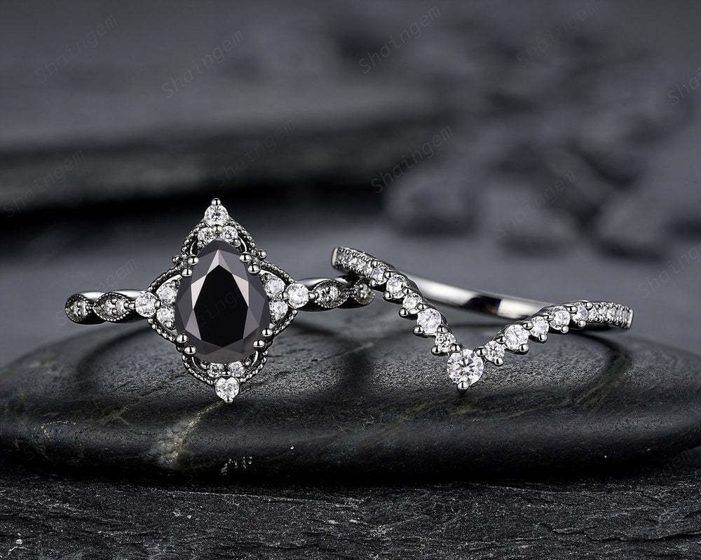 Unique Black Gold Pear Shape Black Moissanite Engagement Ring Set, Witchy Black Floral Promise Ring Gothic Black Wedding Ring Gift for Women - ShainJewelry