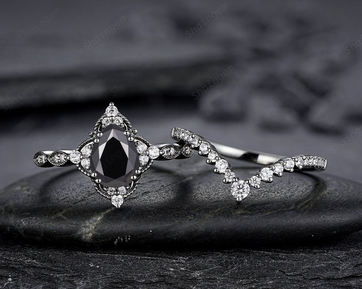 Unique Black Gold Pear Shape Black Moissanite Engagement Ring Set, Witchy Black Floral Promise Ring Gothic Black Wedding Ring Gift for Women - ShainJewelry