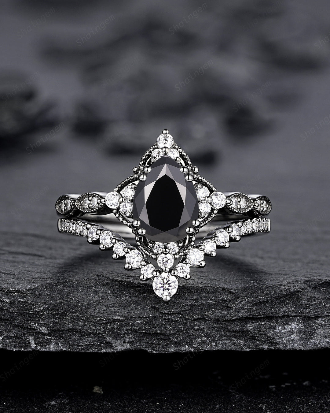 Unique Black Gold Pear Shape Black Moissanite Engagement Ring Set, Witchy Black Floral Promise Ring Gothic Black Wedding Ring Gift for Women - ShainJewelry