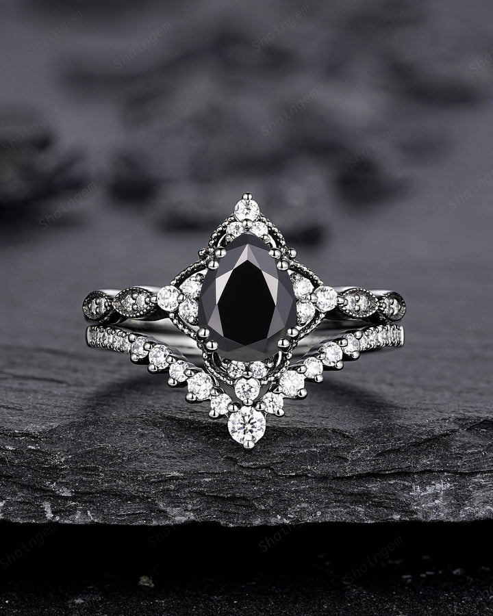 Unique Black Gold Pear Shape Black Moissanite Engagement Ring Set, Witchy Black Floral Promise Ring Gothic Black Wedding Ring Gift for Women - ShainJewelry