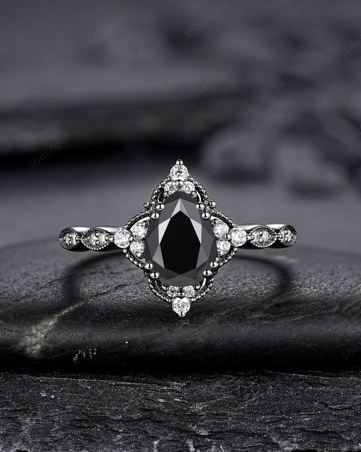 Unique Black Gold Pear Shape Black Moissanite Engagement Ring Set, Witchy Black Floral Promise Ring Gothic Black Wedding Ring Gift for Women - ShainJewelry