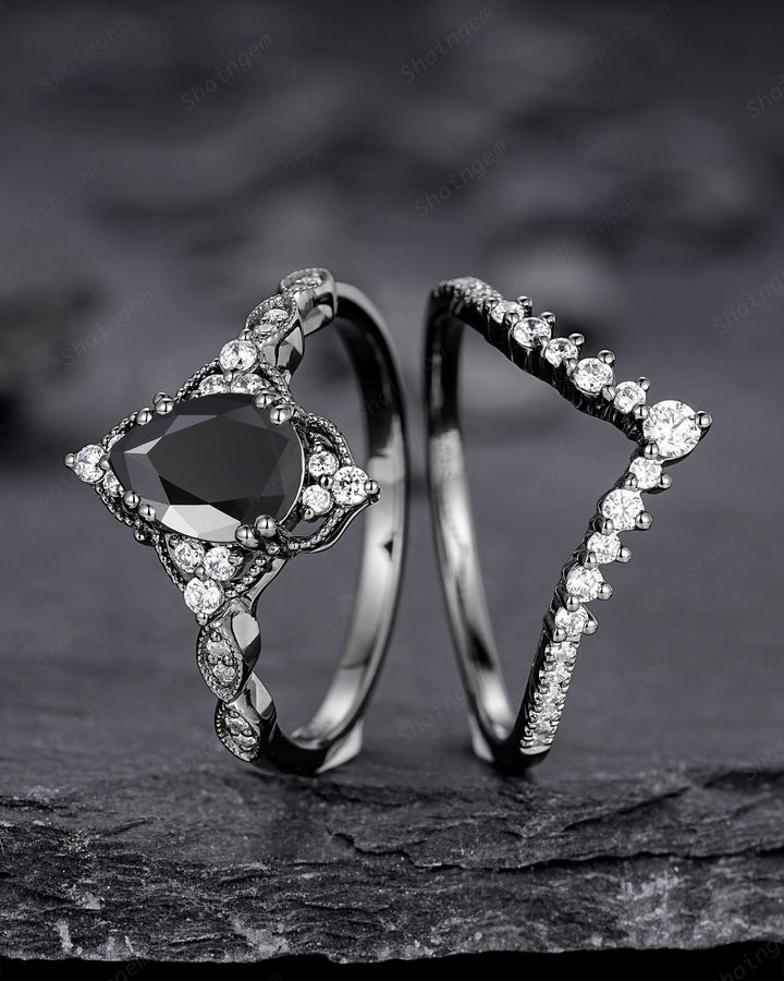 Unique Black Gold Pear Shape Black Moissanite Engagement Ring Set, Witchy Black Floral Promise Ring Gothic Black Wedding Ring Gift for Women - ShainJewelry
