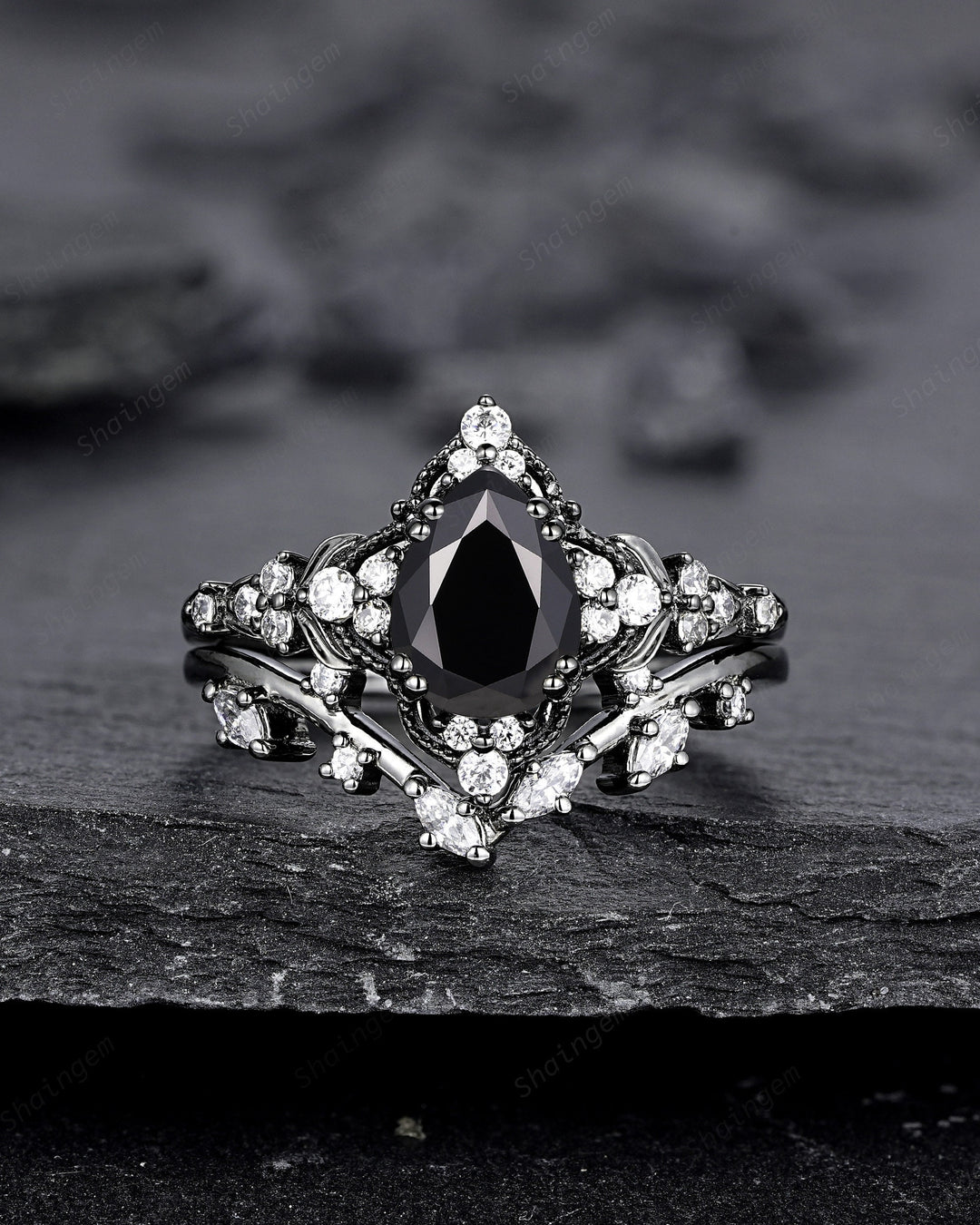 Unique Black Gold Pear Shape Black Moissanite Leaf Engagement Ring, Witchy Twig Branch Promise Ring Gothic Black Wedding Ring Gift for Women - ShainJewelry