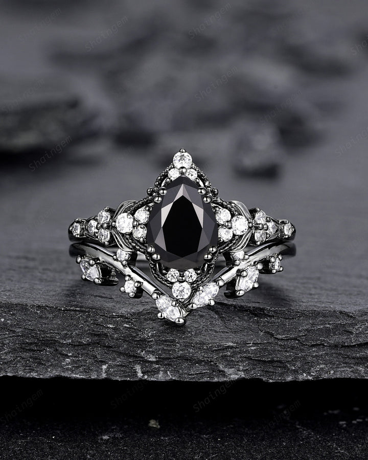 Unique Black Gold Pear Shape Black Moissanite Leaf Engagement Ring, Witchy Twig Branch Promise Ring Gothic Black Wedding Ring Gift for Women - ShainJewelry