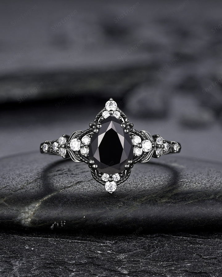 Unique Black Gold Pear Shape Black Moissanite Leaf Engagement Ring, Witchy Twig Branch Promise Ring Gothic Black Wedding Ring Gift for Women - ShainJewelry