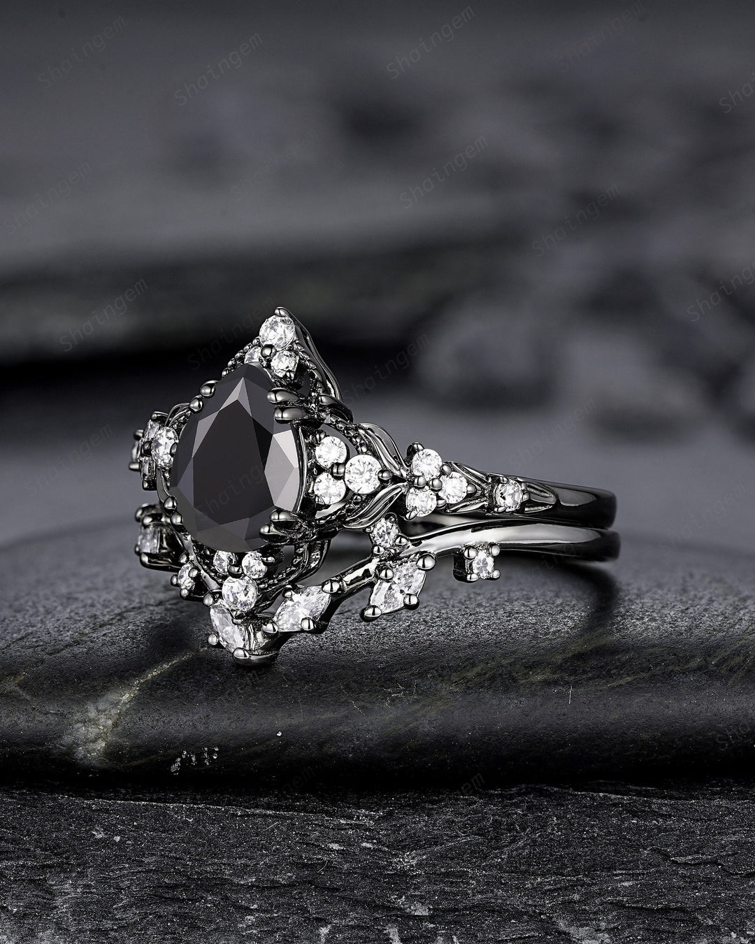 Unique Black Gold Pear Shape Black Moissanite Leaf Engagement Ring, Witchy Twig Branch Promise Ring Gothic Black Wedding Ring Gift for Women - ShainJewelry