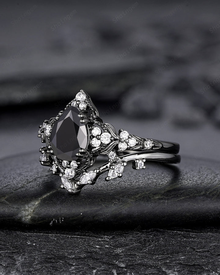 Unique Black Gold Pear Shape Black Moissanite Leaf Engagement Ring, Witchy Twig Branch Promise Ring Gothic Black Wedding Ring Gift for Women - ShainJewelry