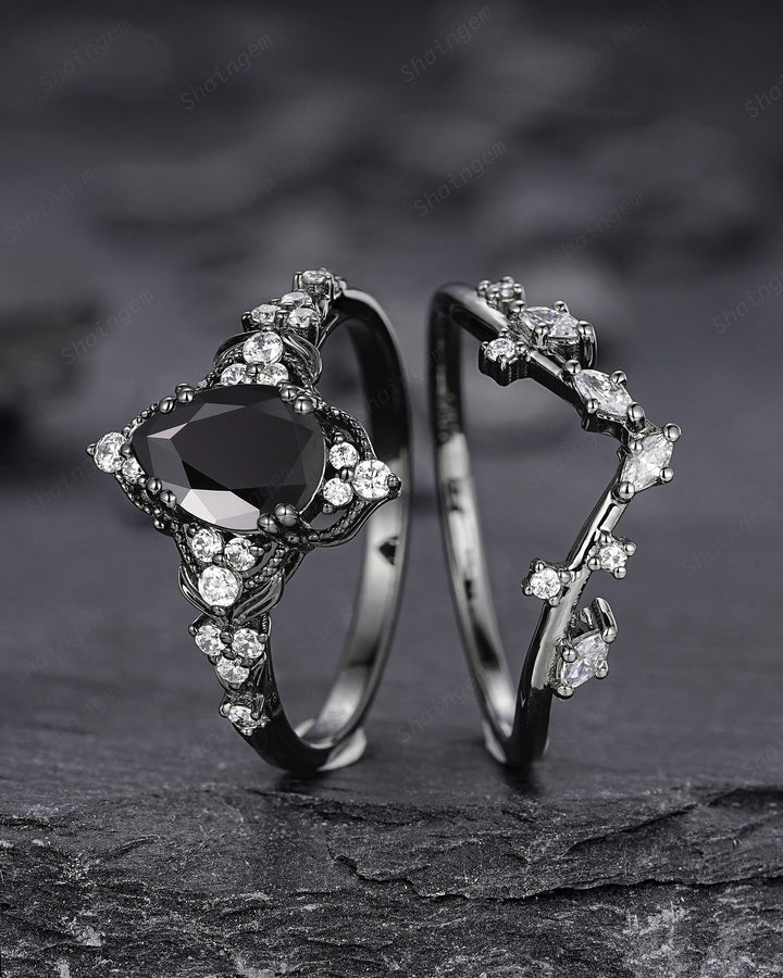Unique Black Gold Pear Shape Black Moissanite Leaf Engagement Ring, Witchy Twig Branch Promise Ring Gothic Black Wedding Ring Gift for Women - ShainJewelry