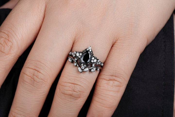 Unique Black Gold Pear Shape Black Moissanite Leaf Engagement Ring, Witchy Twig Branch Promise Ring Gothic Black Wedding Ring Gift for Women - ShainJewelry