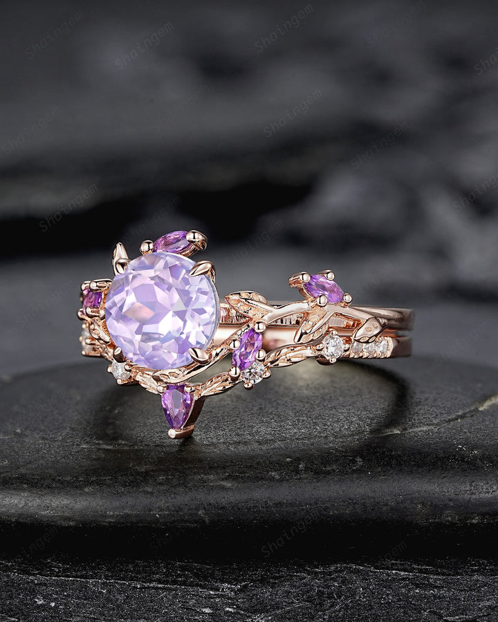 Nature Inspired Lavender Amethyst Leaf Engagement Ring, Round Amethyst Rose Gold Wedding Ring, Twig Branch Bridal Set Promise Ring for Women - ShainJewelry