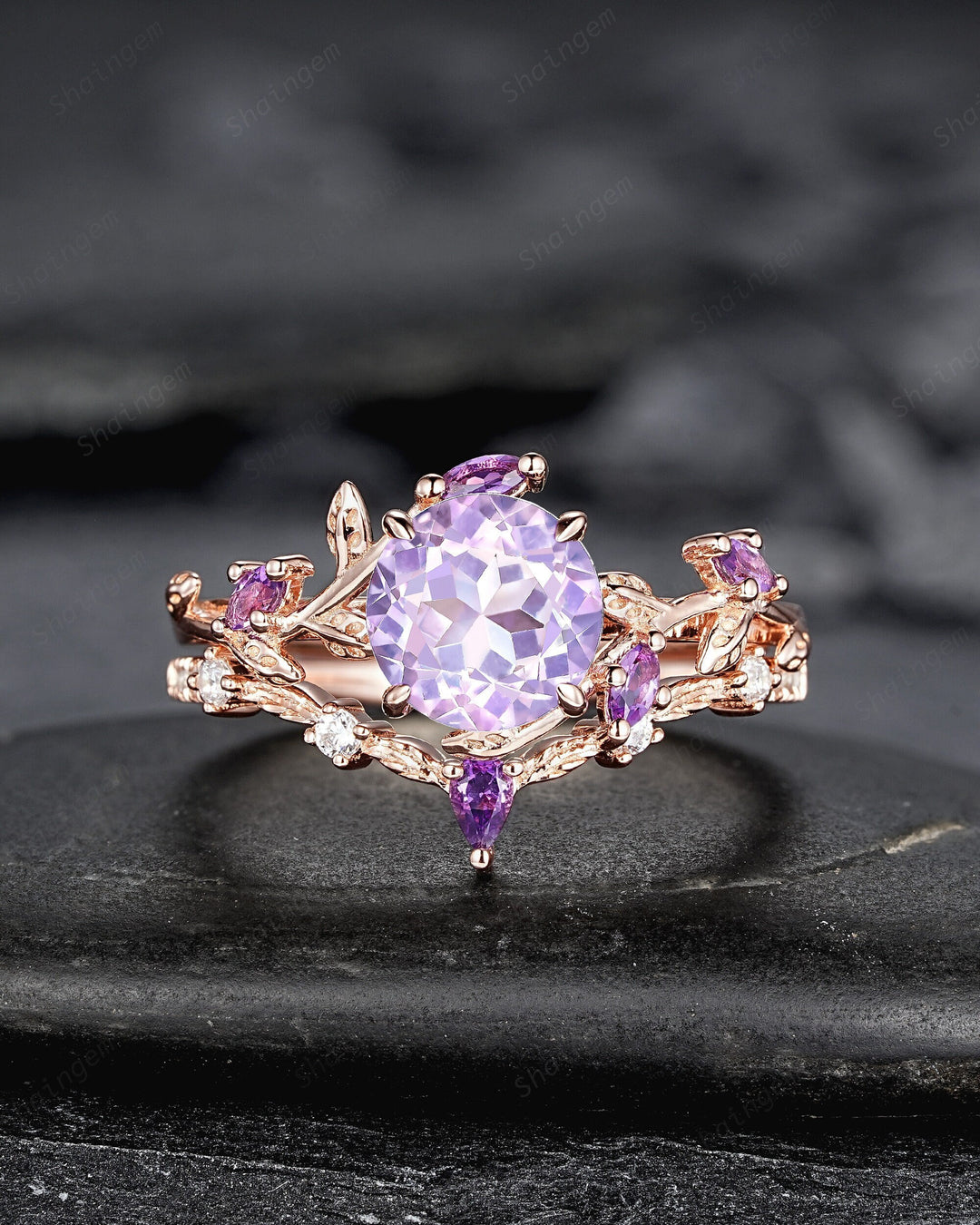 Nature Inspired Lavender Amethyst Leaf Engagement Ring, Round Amethyst Rose Gold Wedding Ring, Twig Branch Bridal Set Promise Ring for Women - ShainJewelry