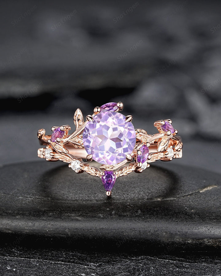 Nature Inspired Lavender Amethyst Leaf Engagement Ring, Round Amethyst Rose Gold Wedding Ring, Twig Branch Bridal Set Promise Ring for Women - ShainJewelry