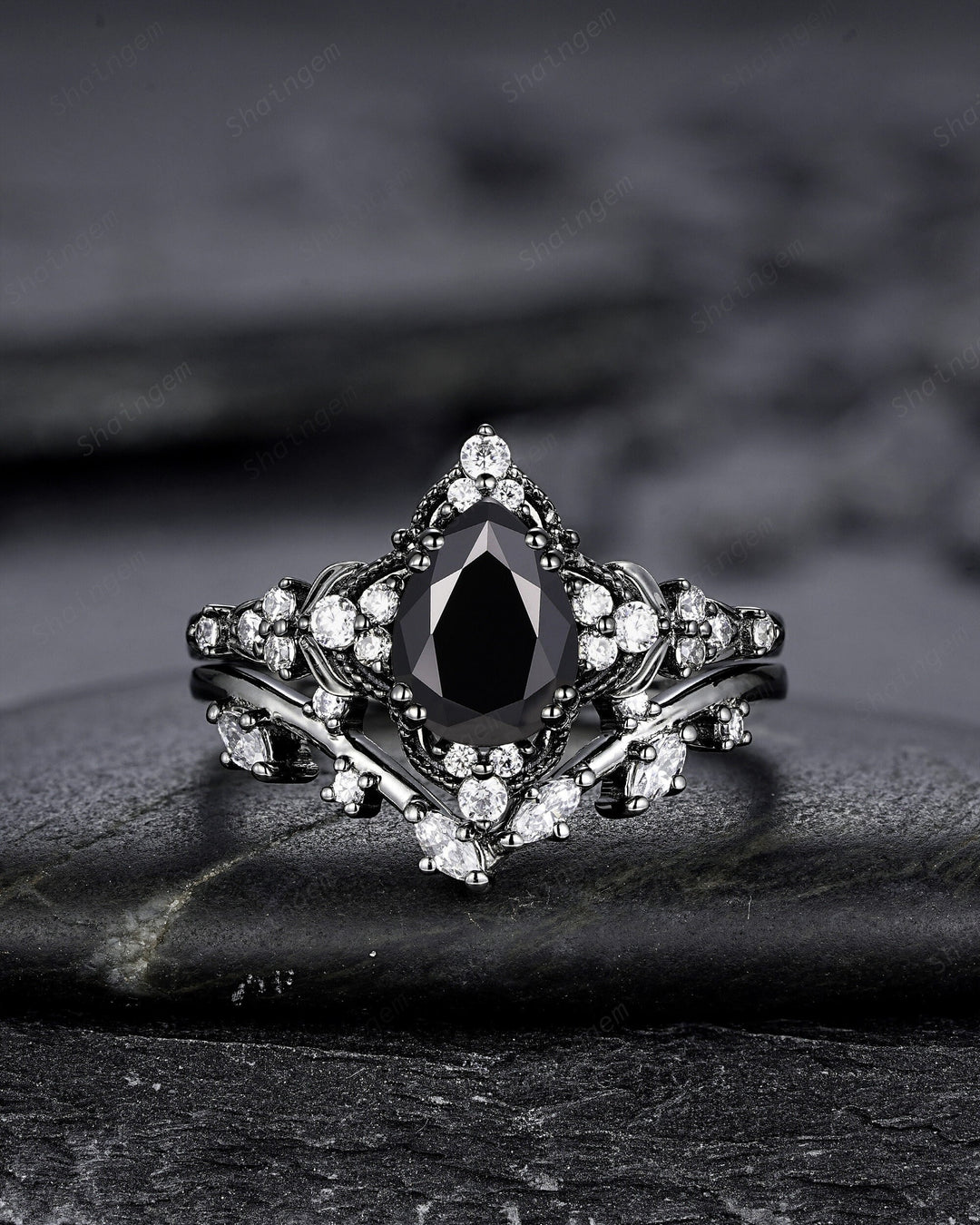 Unique Black Gold Pear Shape Black Moissanite Leaf Engagement Ring, Witchy Twig Branch Promise Ring Gothic Black Wedding Ring Gift for Women - ShainJewelry