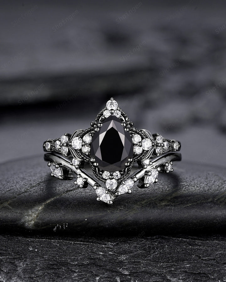 Unique Black Gold Pear Shape Black Moissanite Leaf Engagement Ring, Witchy Twig Branch Promise Ring Gothic Black Wedding Ring Gift for Women - ShainJewelry
