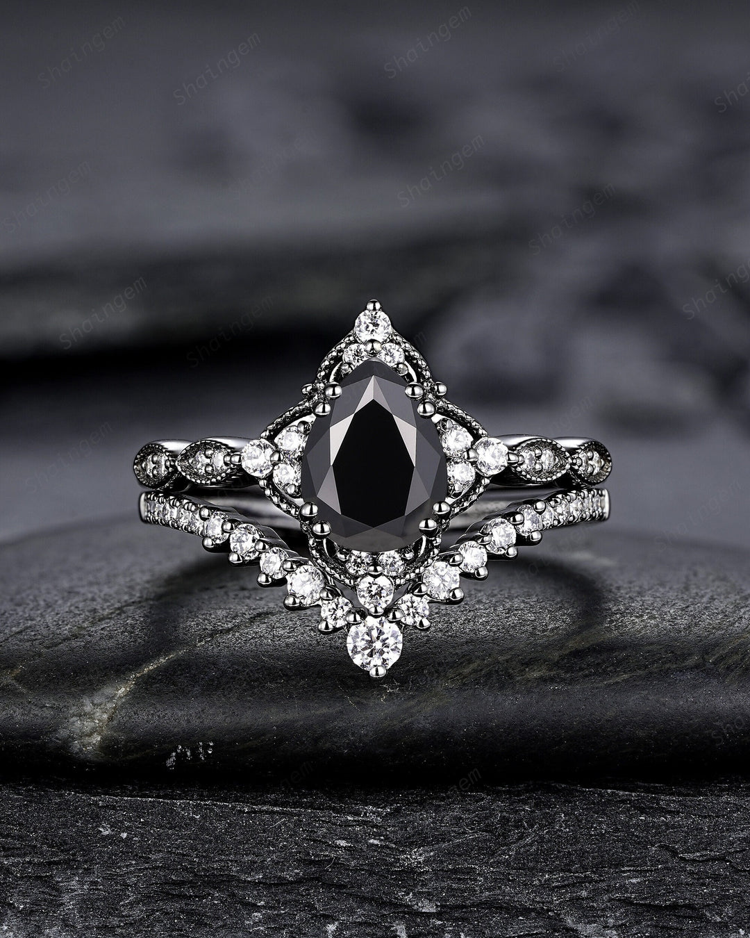 Unique Black Gold Pear Shape Black Moissanite Engagement Ring Set, Witchy Black Floral Promise Ring Gothic Black Wedding Ring Gift for Women - ShainJewelry