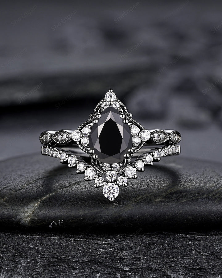 Unique Black Gold Pear Shape Black Moissanite Engagement Ring Set, Witchy Black Floral Promise Ring Gothic Black Wedding Ring Gift for Women - ShainJewelry