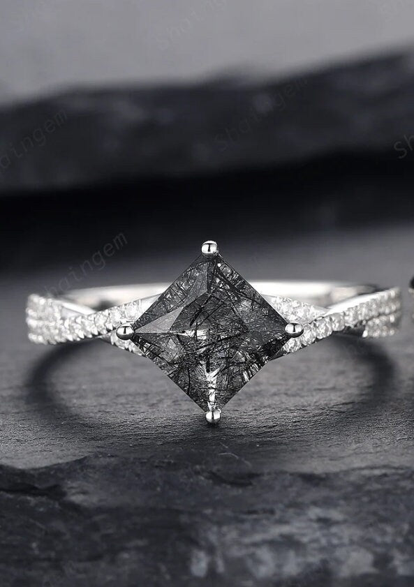 Platinum Princess Cut Black Rutilated Bridal Set, Black Rutilated Engagement Ring Set, Black Rutilated Wedding Ring, White Gold Promise Ring - ShainJewelry