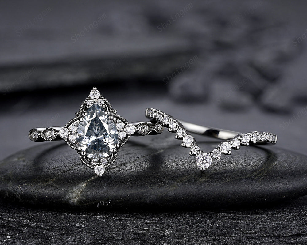 Unique Black Gold Pear Shape Gray Moissanite Engagement Ring Set, Witchy Black Floral Promise Ring, Gothic Black Wedding Ring Gift for Women - ShainJewelry