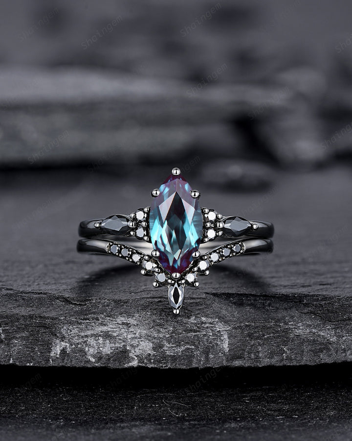 Black Gold Marquise Cut Alexandrite Engagement Ring Set, Gothic Punk Bridal Set, Black Rhodium Wedding Ring, Black Promise Ring for Women - ShainJewelry