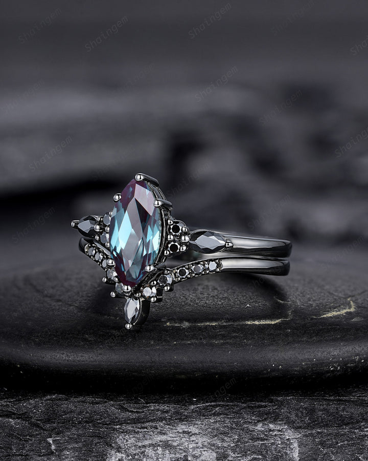 Black Gold Marquise Cut Alexandrite Engagement Ring Set, Gothic Punk Bridal Set, Black Rhodium Wedding Ring, Black Promise Ring for Women - ShainJewelry