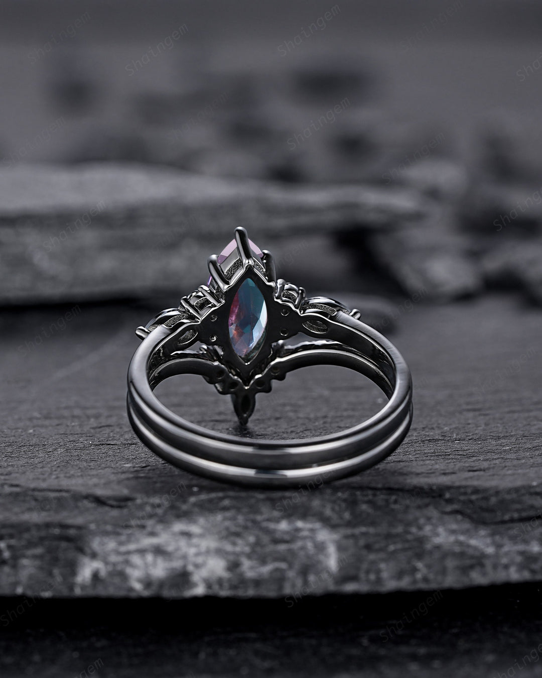 Black Gold Marquise Cut Alexandrite Engagement Ring Set, Gothic Punk Bridal Set, Black Rhodium Wedding Ring, Black Promise Ring for Women - ShainJewelry