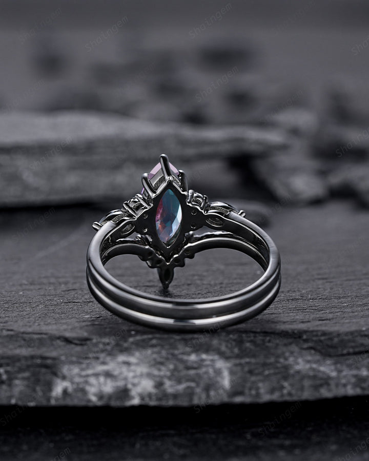 Black Gold Marquise Cut Alexandrite Engagement Ring Set, Gothic Punk Bridal Set, Black Rhodium Wedding Ring, Black Promise Ring for Women - ShainJewelry