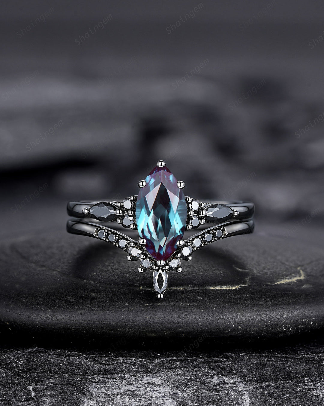 Black Gold Marquise Cut Alexandrite Engagement Ring Set, Gothic Punk Bridal Set, Black Rhodium Wedding Ring, Black Promise Ring for Women - ShainJewelry