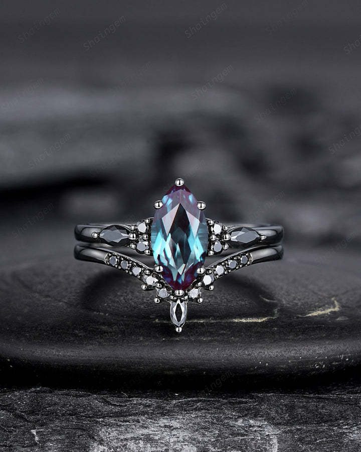 Black Gold Marquise Cut Alexandrite Engagement Ring Set, Gothic Punk Bridal Set, Black Rhodium Wedding Ring, Black Promise Ring for Women - ShainJewelry