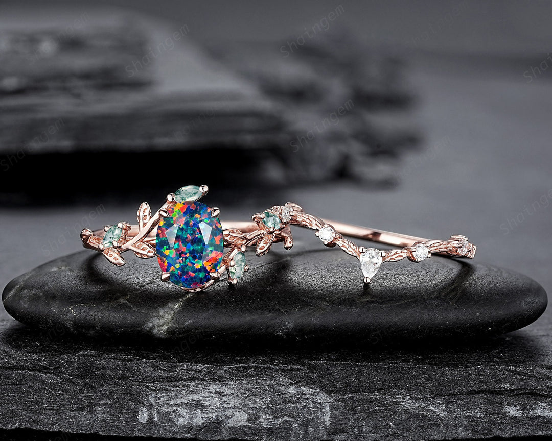 Nature Inspired Oval Cut Facet Black Opal Leaf Engagement Ring Set, Unique Rose Gold Twig Branch Wedding Ring, Moss Agate Vine Promise Ring - ShainJewelry