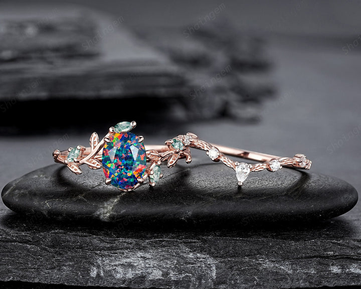 Nature Inspired Oval Cut Facet Black Opal Leaf Engagement Ring Set, Unique Rose Gold Twig Branch Wedding Ring, Moss Agate Vine Promise Ring - ShainJewelry