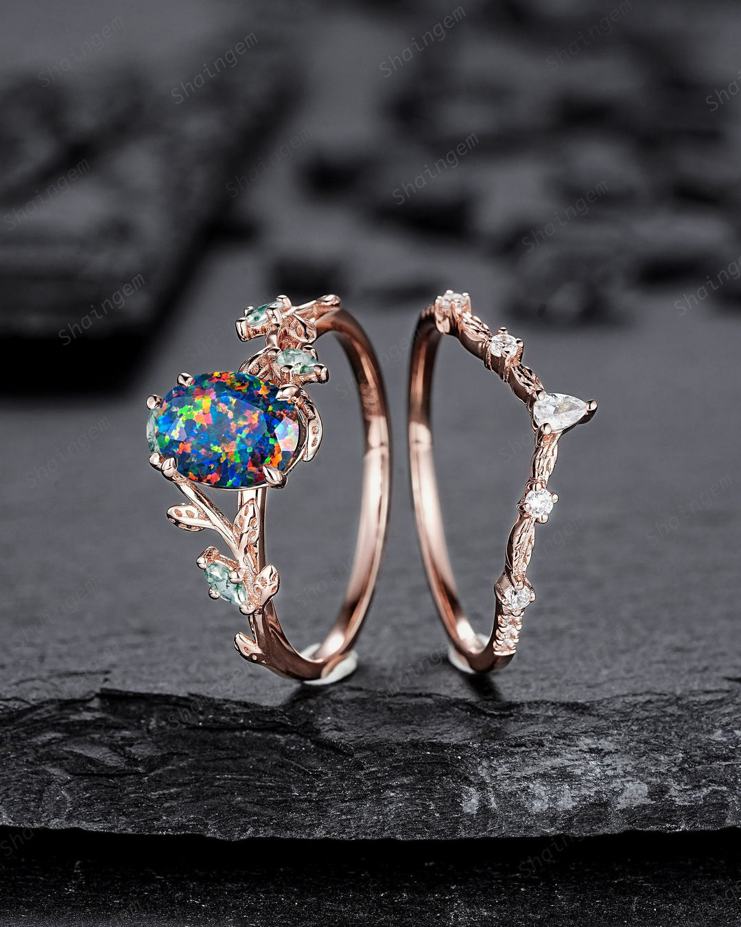 Nature Inspired Oval Cut Facet Black Opal Leaf Engagement Ring Set, Unique Rose Gold Twig Branch Wedding Ring, Moss Agate Vine Promise Ring - ShainJewelry
