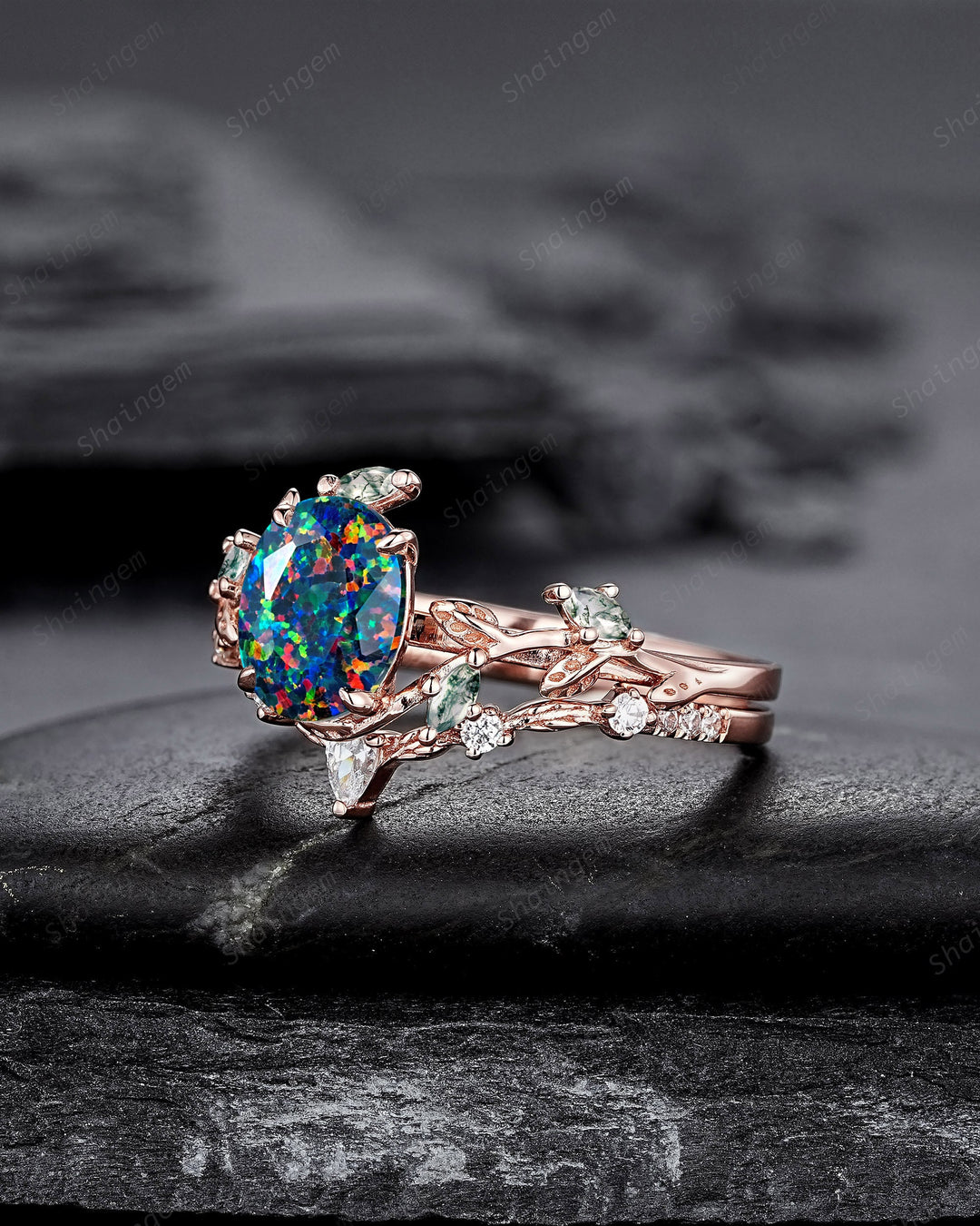 Nature Inspired Oval Cut Facet Black Opal Leaf Engagement Ring Set, Unique Rose Gold Twig Branch Wedding Ring, Moss Agate Vine Promise Ring - ShainJewelry