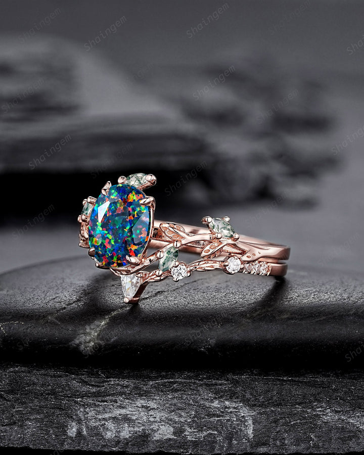 Nature Inspired Oval Cut Facet Black Opal Leaf Engagement Ring Set, Unique Rose Gold Twig Branch Wedding Ring, Moss Agate Vine Promise Ring - ShainJewelry