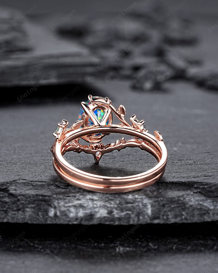 Nature Inspired Oval Cut Facet Black Opal Leaf Engagement Ring Set, Unique Rose Gold Twig Branch Wedding Ring, Moss Agate Vine Promise Ring - ShainJewelry