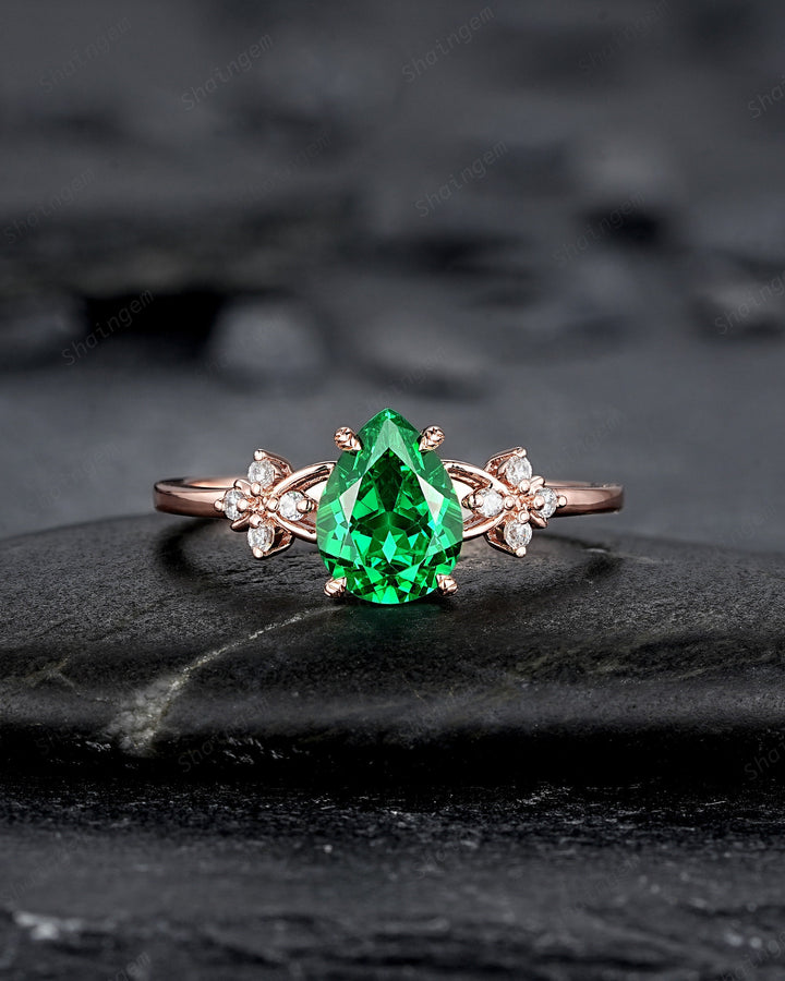 Pear Cut Green Garnet Floral Engagement Ring, Rose Gold Rhodolite Garnet Promise Ring, January Birthstone Cluster Anniversary Ring for Women - ShainJewelry