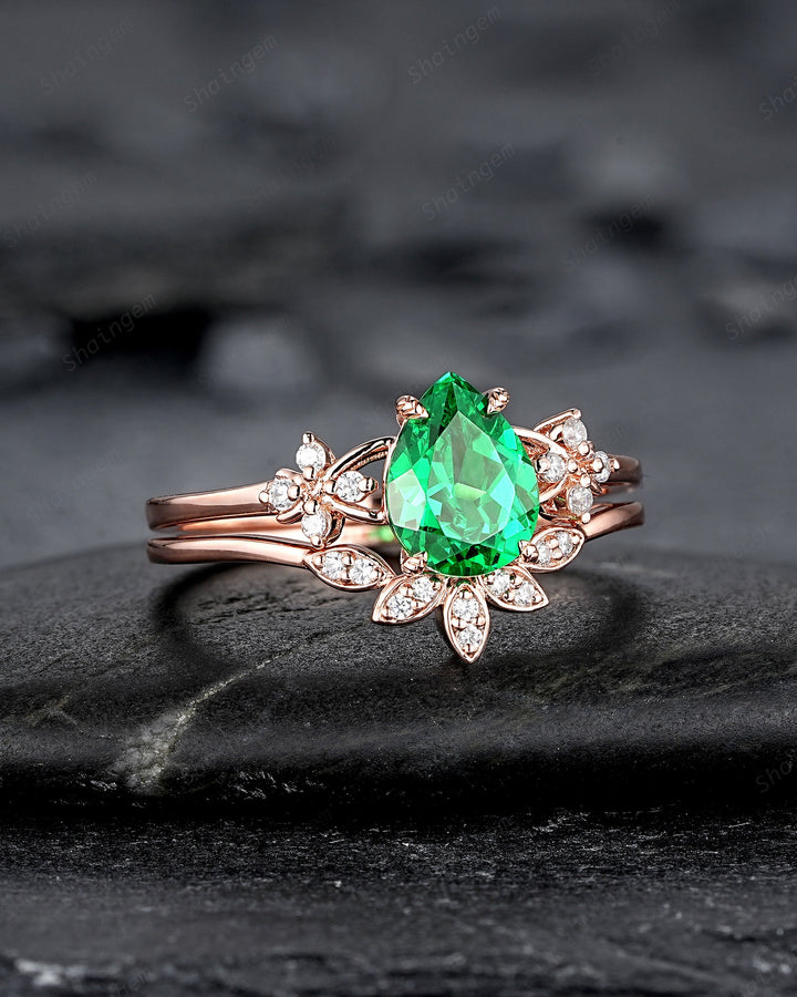 Pear Cut Green Garnet Floral Engagement Ring, Rose Gold Rhodolite Garnet Promise Ring, January Birthstone Cluster Anniversary Ring for Women - ShainJewelry