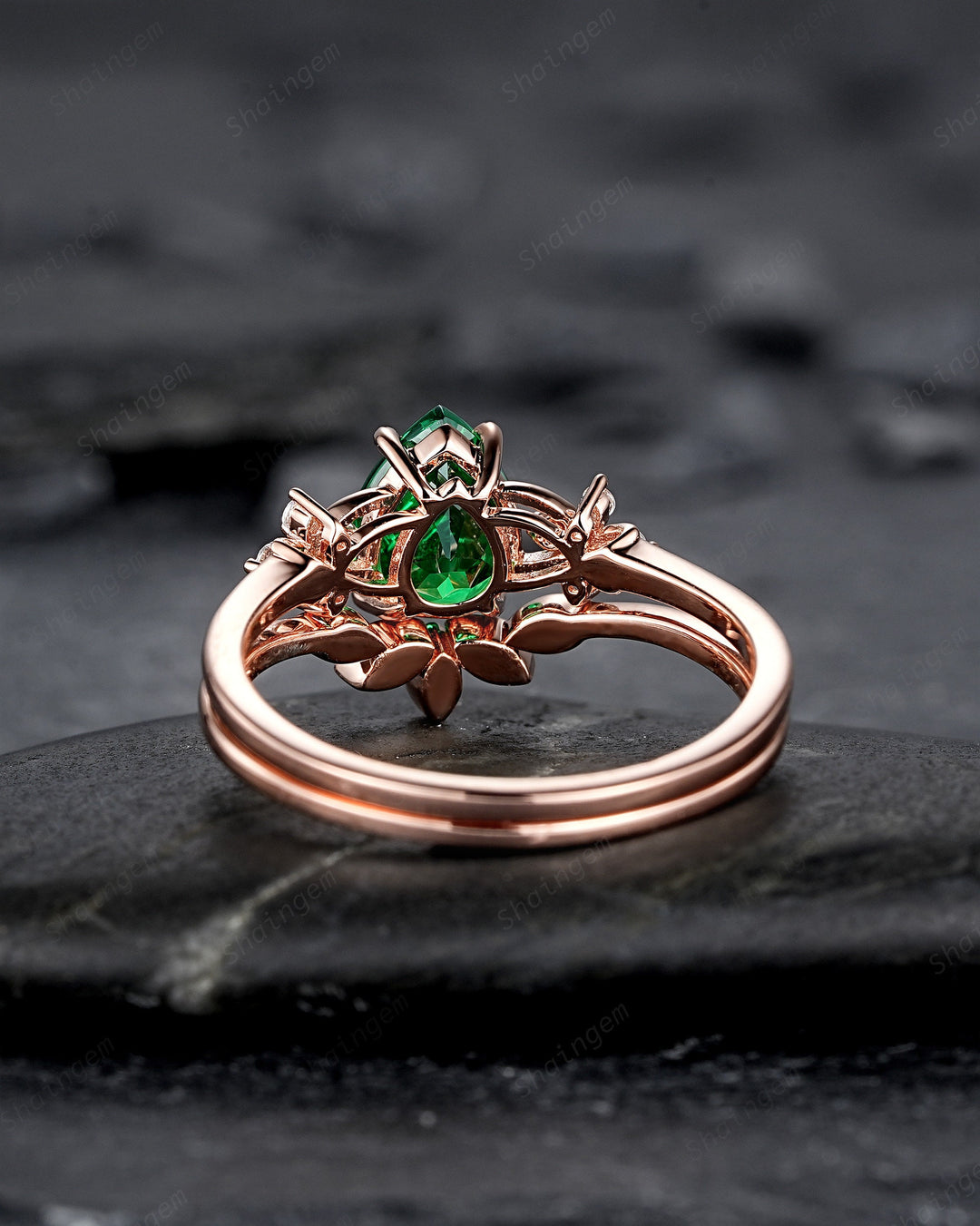 Pear Cut Green Garnet Floral Engagement Ring, Rose Gold Rhodolite Garnet Promise Ring, January Birthstone Cluster Anniversary Ring for Women - ShainJewelry