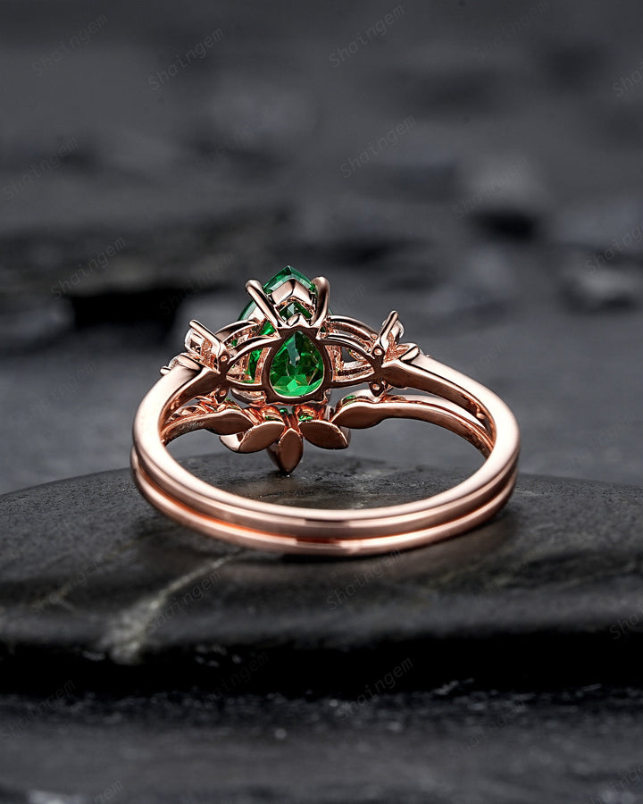 Pear Cut Green Garnet Floral Engagement Ring, Rose Gold Rhodolite Garnet Promise Ring, January Birthstone Cluster Anniversary Ring for Women - ShainJewelry