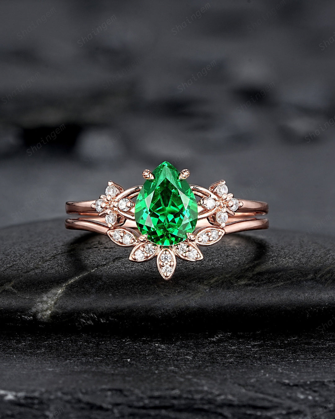 Pear Cut Green Garnet Floral Engagement Ring, Rose Gold Rhodolite Garnet Promise Ring, January Birthstone Cluster Anniversary Ring for Women - ShainJewelry