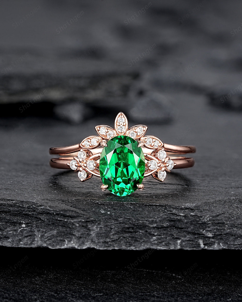 Oval Cut Green Garnet Floral Engagement Ring, Rose Gold Rhodolite Garnet Promise Ring, January Birthstone Cluster Anniversary Ring for Women - ShainJewelry