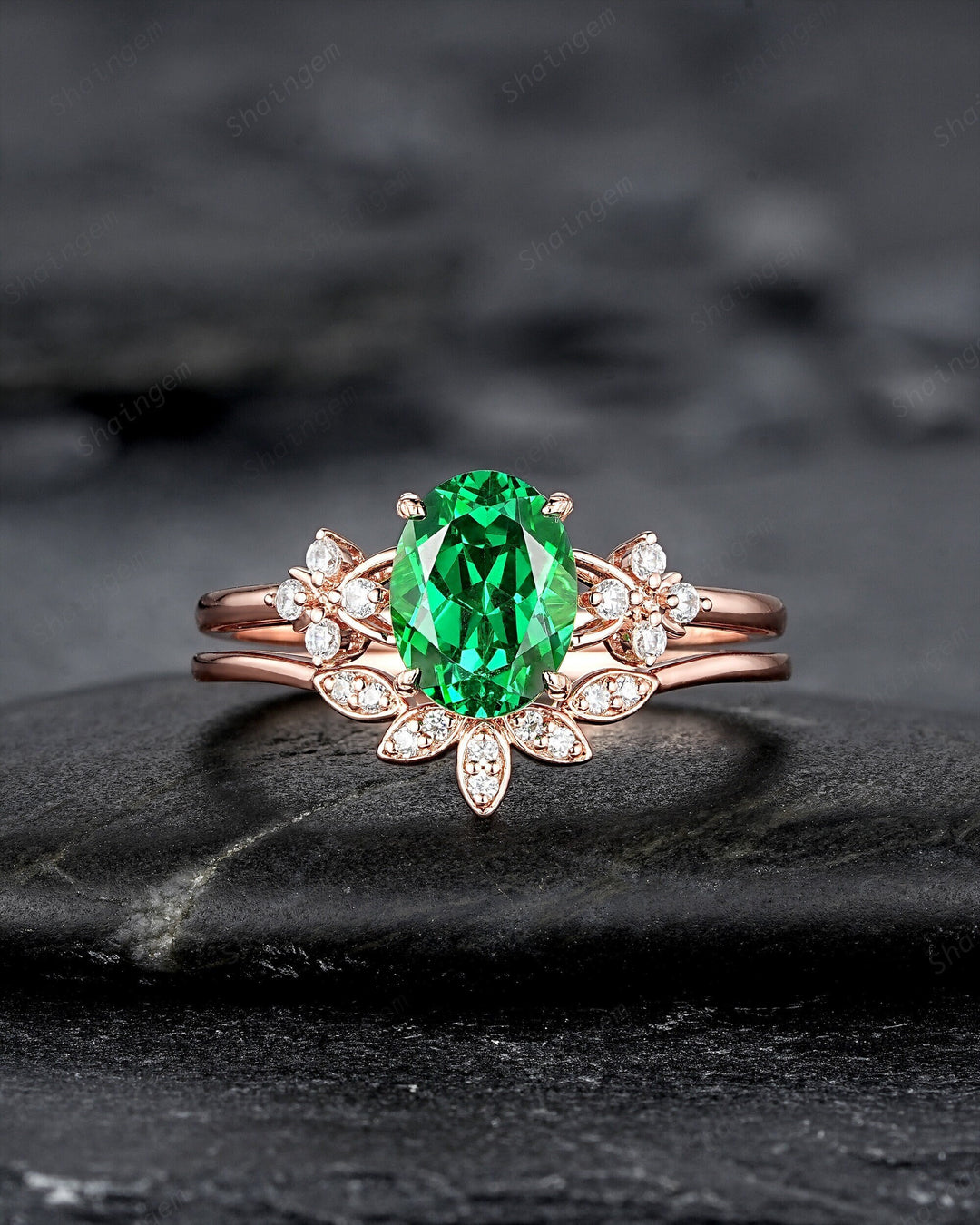 Oval Cut Green Garnet Floral Engagement Ring, Rose Gold Rhodolite Garnet Promise Ring, January Birthstone Cluster Anniversary Ring for Women - ShainJewelry